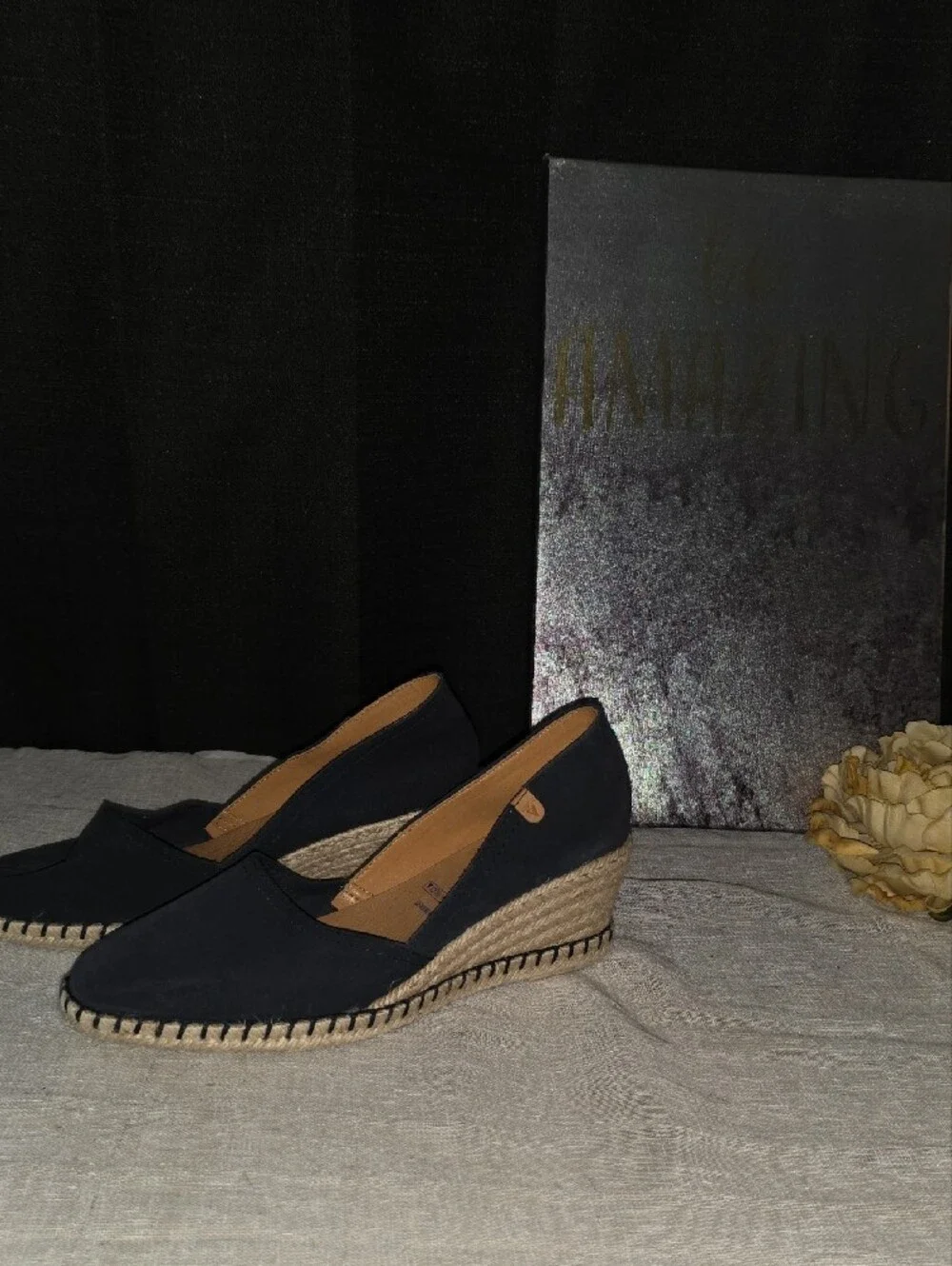 VERBENAS SZ 40 Women’s Leather Navy Blue & Espadrille Wedge Slip-Ons